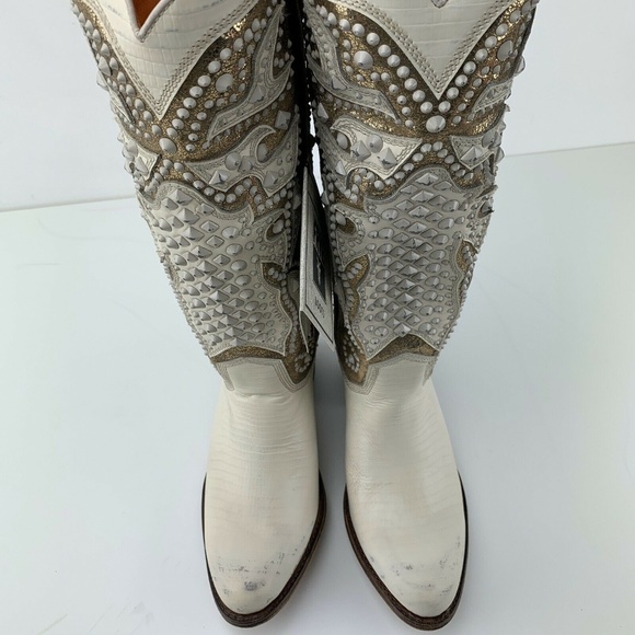 Womens Frye Boots 6 Deborah Deco Tall Studded Off White Distressed Vintage Rare - Picture 6 of 8